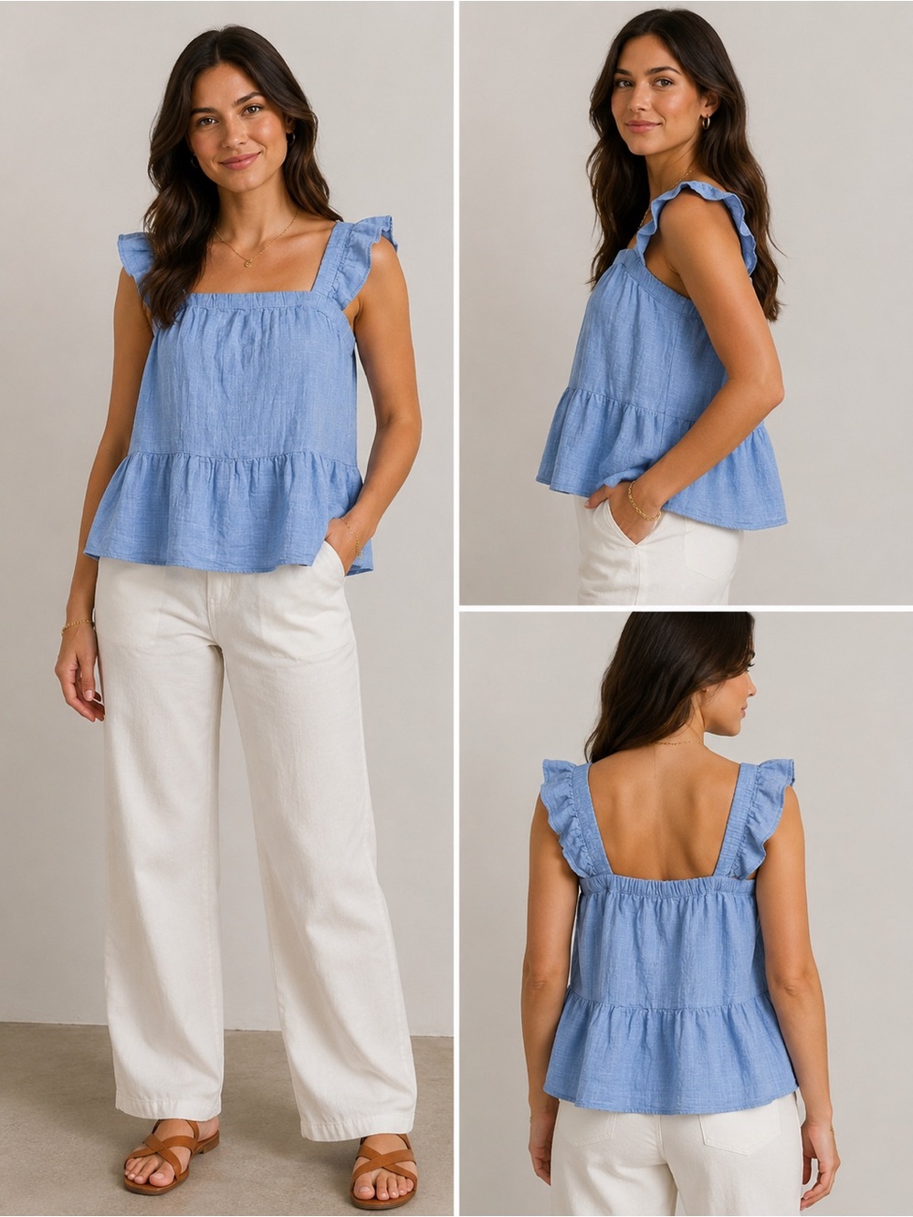 SO Light Blue Boho Peplum Sleeveless Tiered Ruffle Strap Tank Top NWT